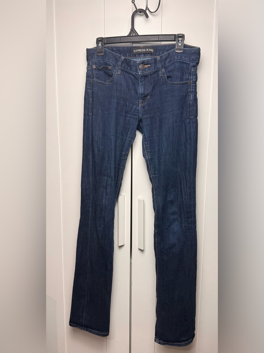Express Women's Dark Blue low Rise Boot-Cut Jeans